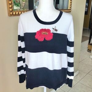 Elliott Lauren Embroidered Navy Striped Knit Pullover Cotton Sweater Large